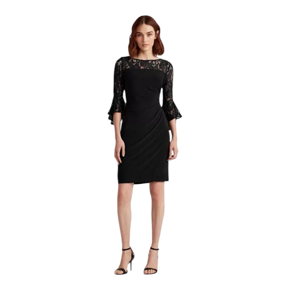 Lauren Ralph Lauren Women's 3/4 Sleeve Midi Dress Black Lace Trim Size 0